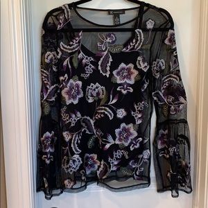 INC Black / Flowered Sheer Blouse